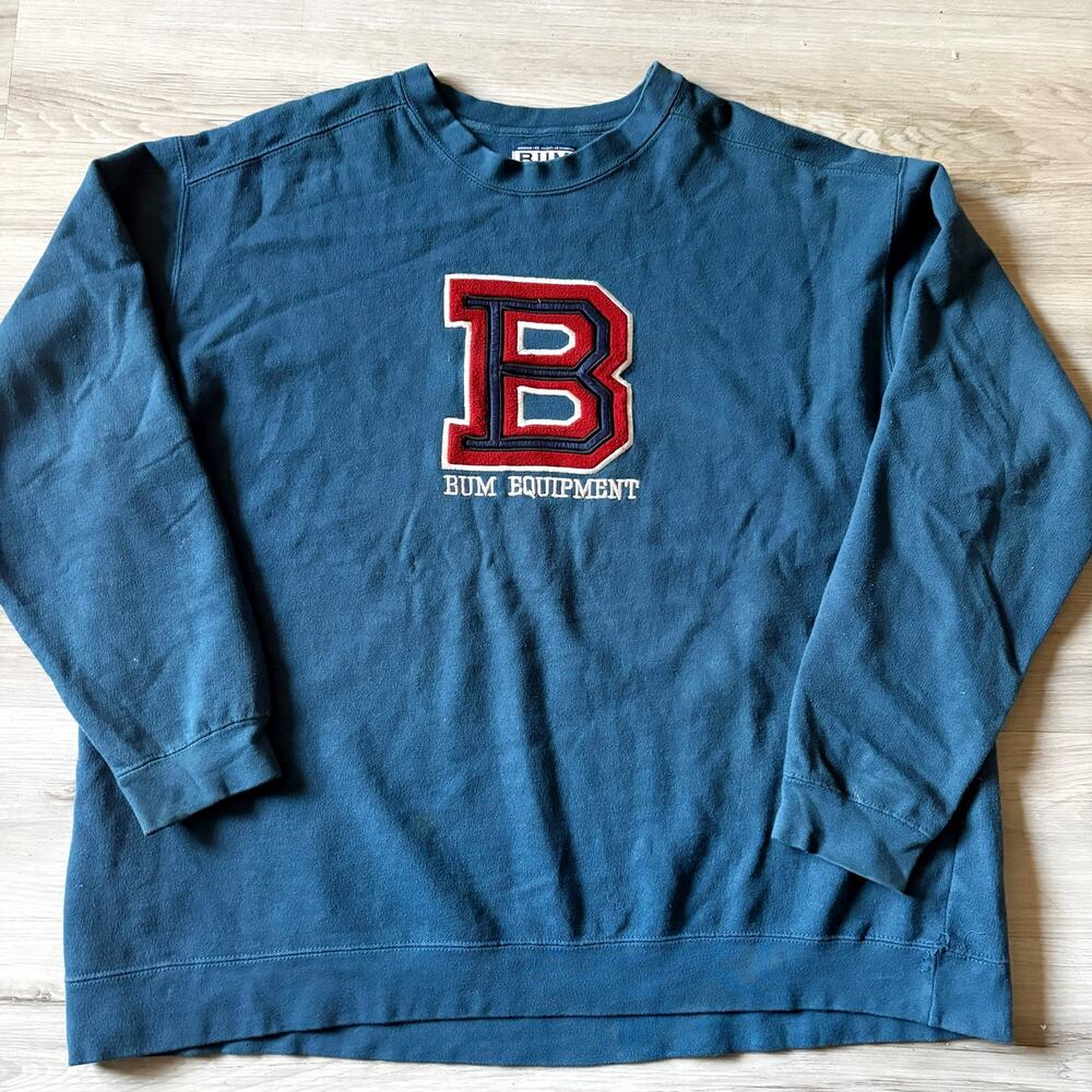 BUM Equipment Vintage Blue Embroidered LOGO Pullover Sweater Sz XL EUC